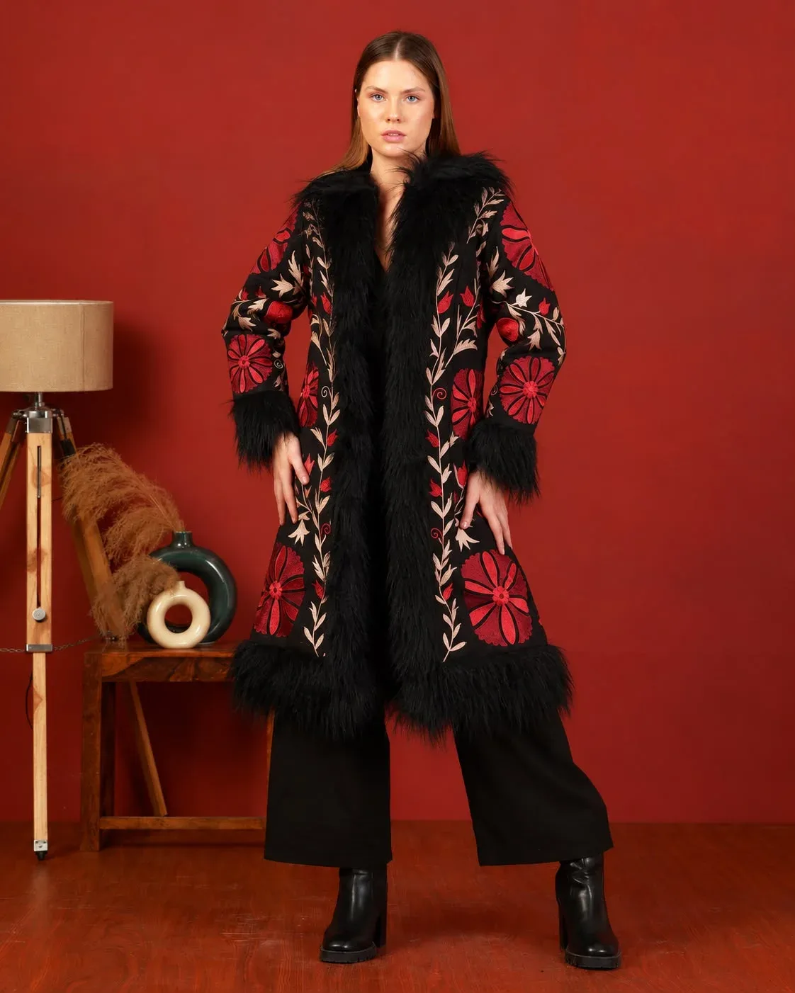 Alza Long Coat - Hand-Embroidered, Faux Fur Trim
