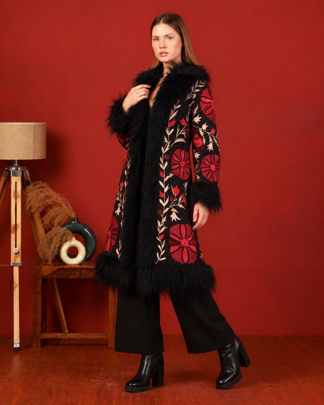 Alza Long Coat - Hand-Embroidered, Faux Fur Trim