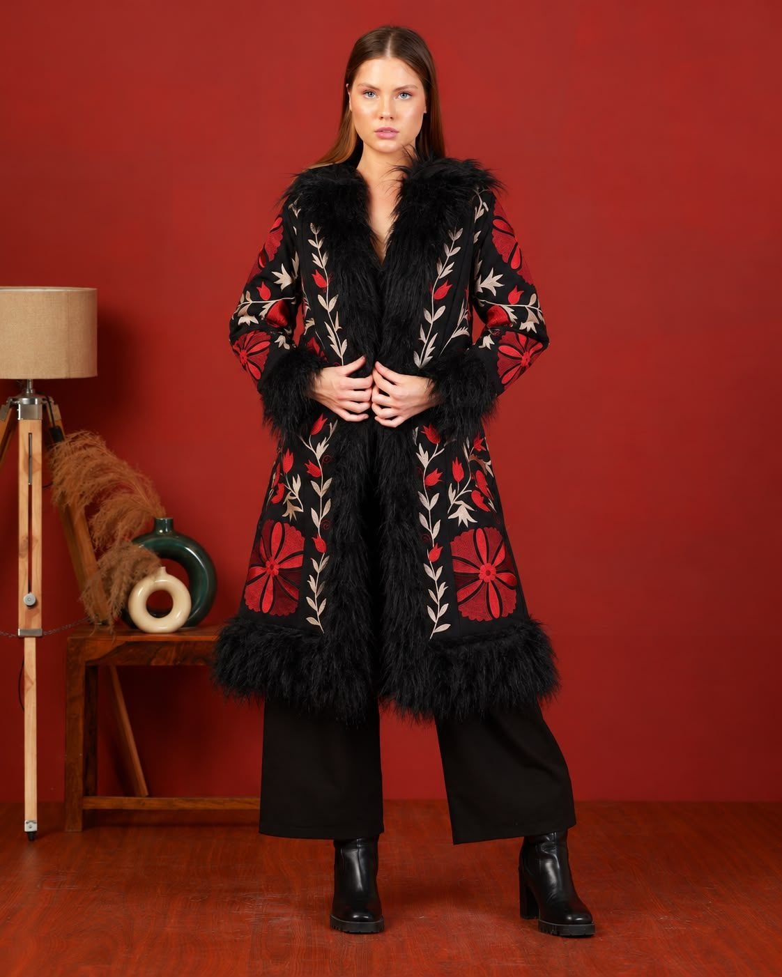 Alza Long Coat - Hand-Embroidered, Faux Fur Trim