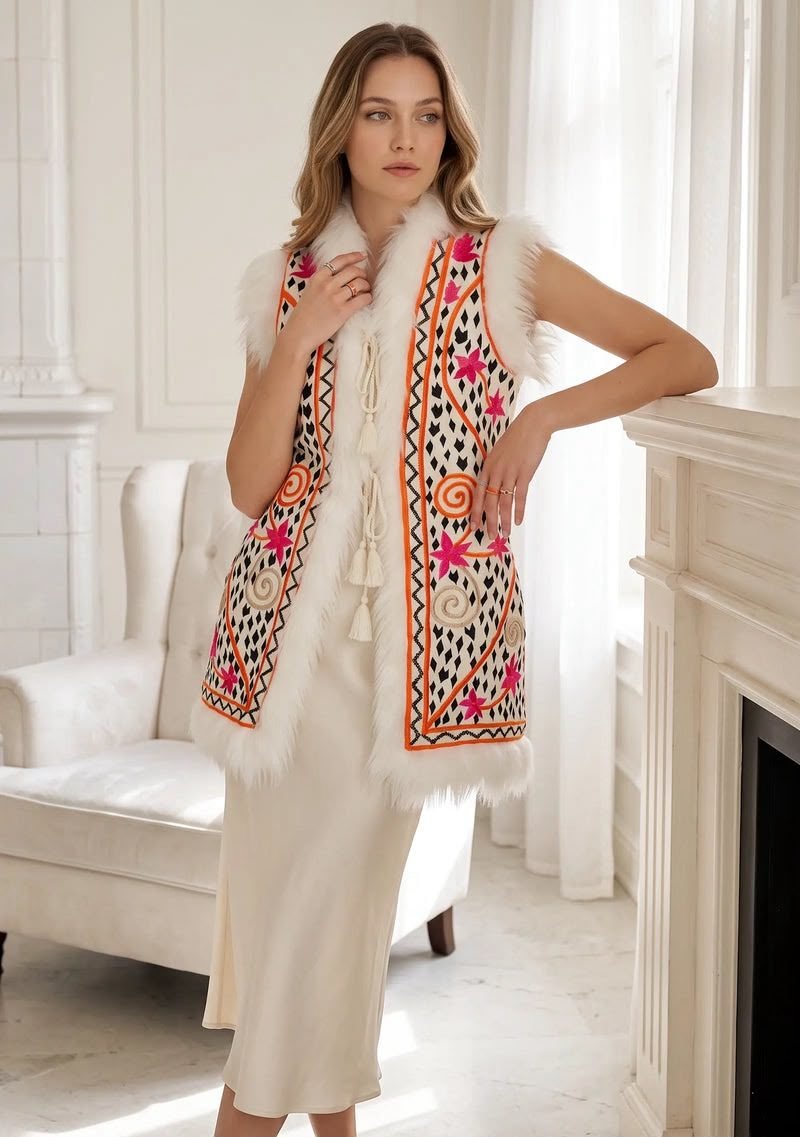 Resa Gilet - Hand-Embroidered, Faux Fur Trim