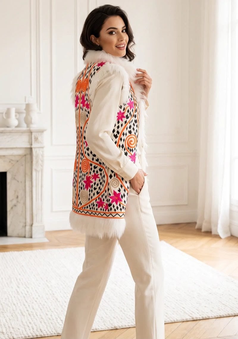 Resa Gilet - Hand-Embroidered, Faux Fur Trim
