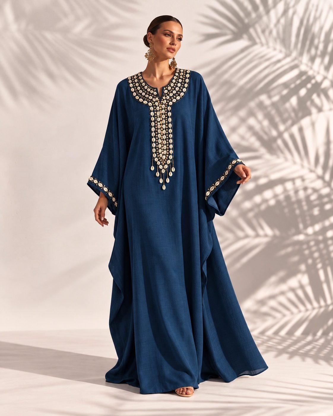 Royal Blue Kaftan with Embroidered Neckline