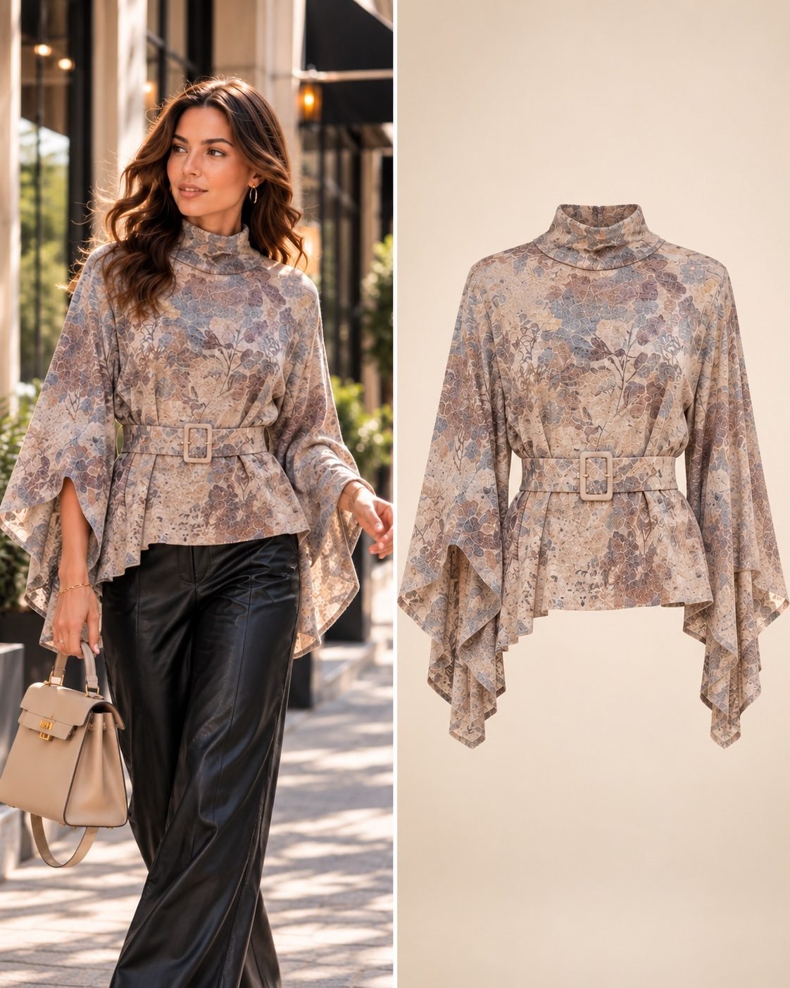 بلوزة بأكمام فراشة وحزام