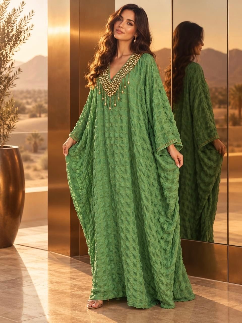 Beige Kaftan with Embellished Neckline