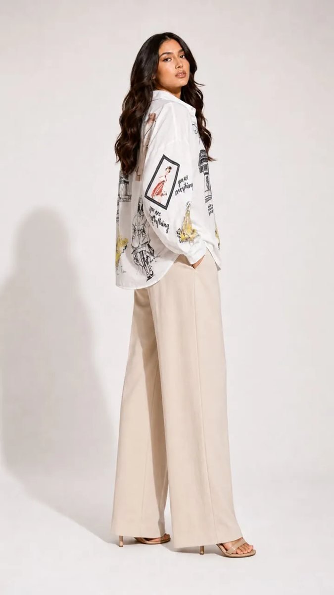 White Oversized Shirt with Paris Print