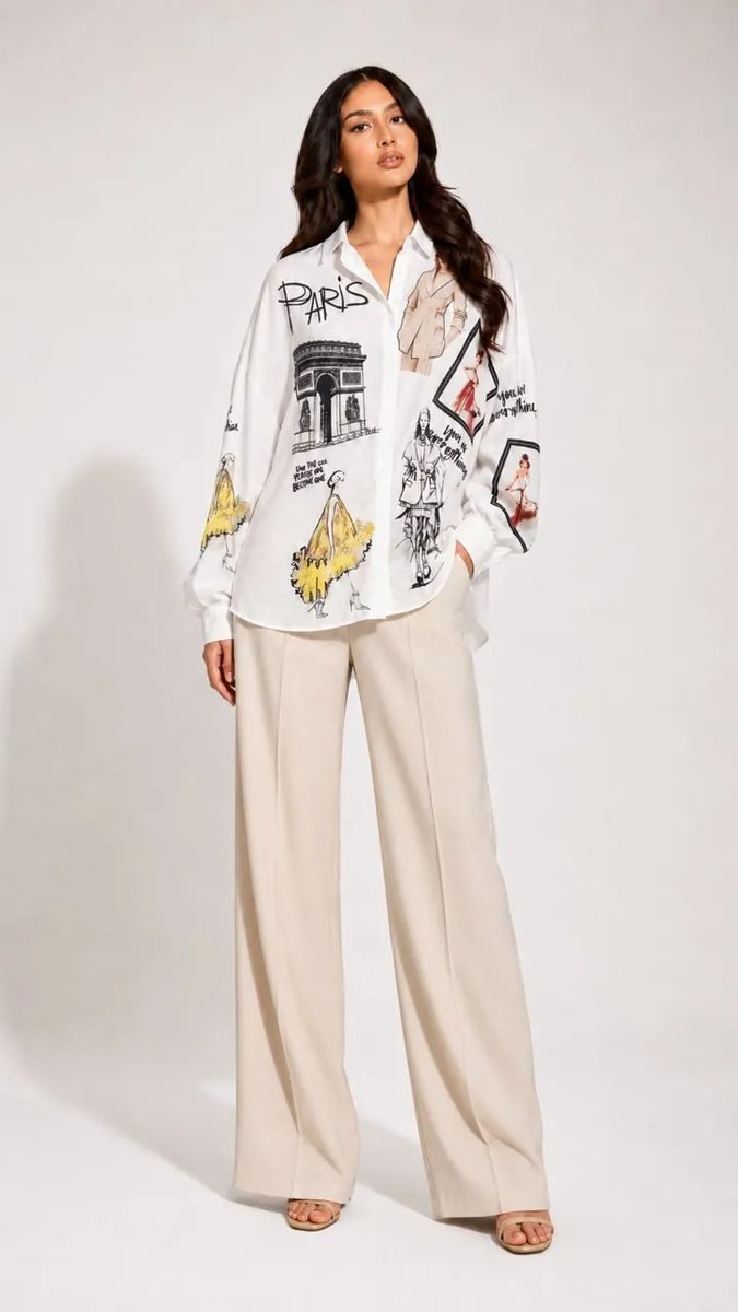 White Oversized Shirt with Paris Print