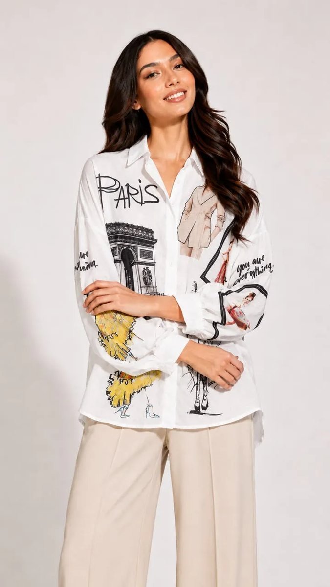 White Oversized Shirt with Paris Print