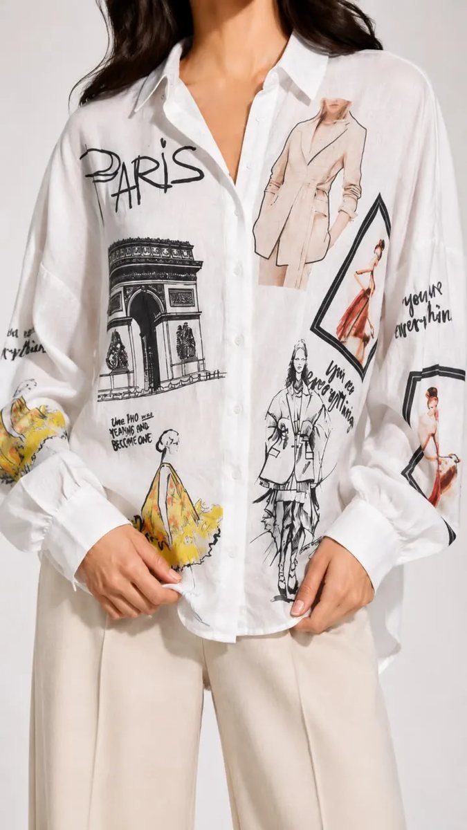 White Oversized Shirt with Paris Print