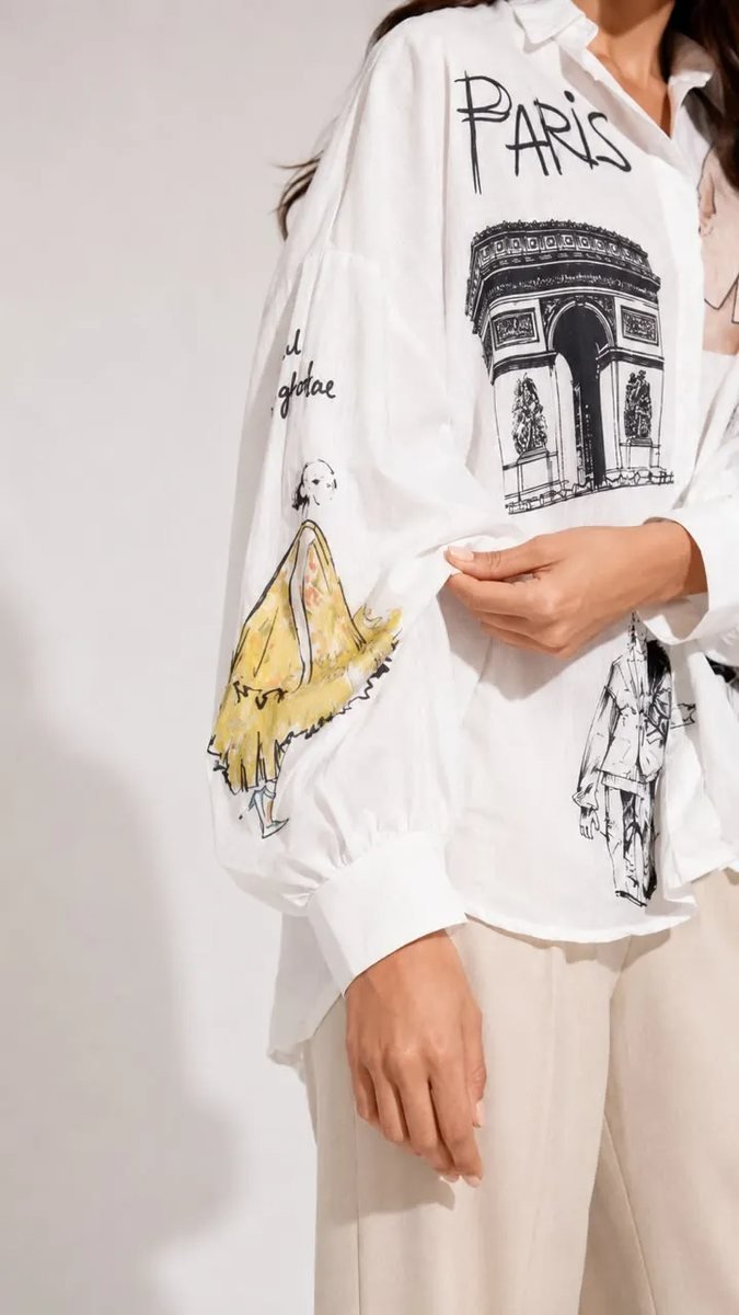 White Oversized Shirt with Paris Print