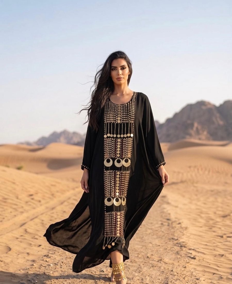 Black Abaya with Ornate Gold Chest Piece