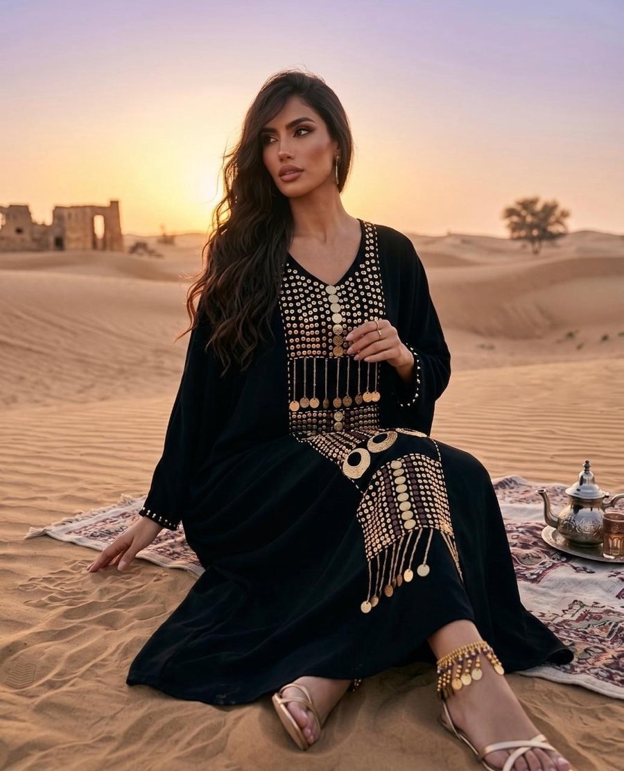 عباية سوداء بقطعة صدر مزخرفة وعملات ذهبية