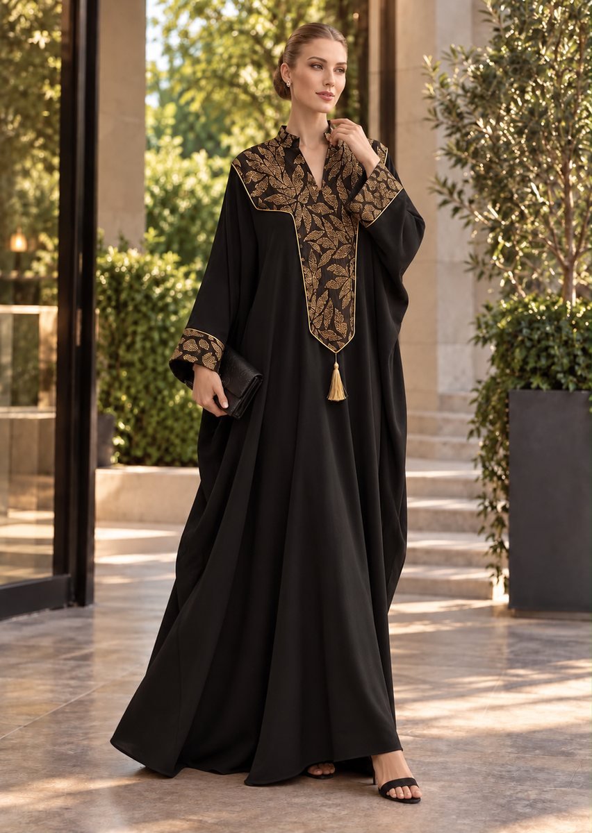 Black Abaya with Gold Embroidered Yoke