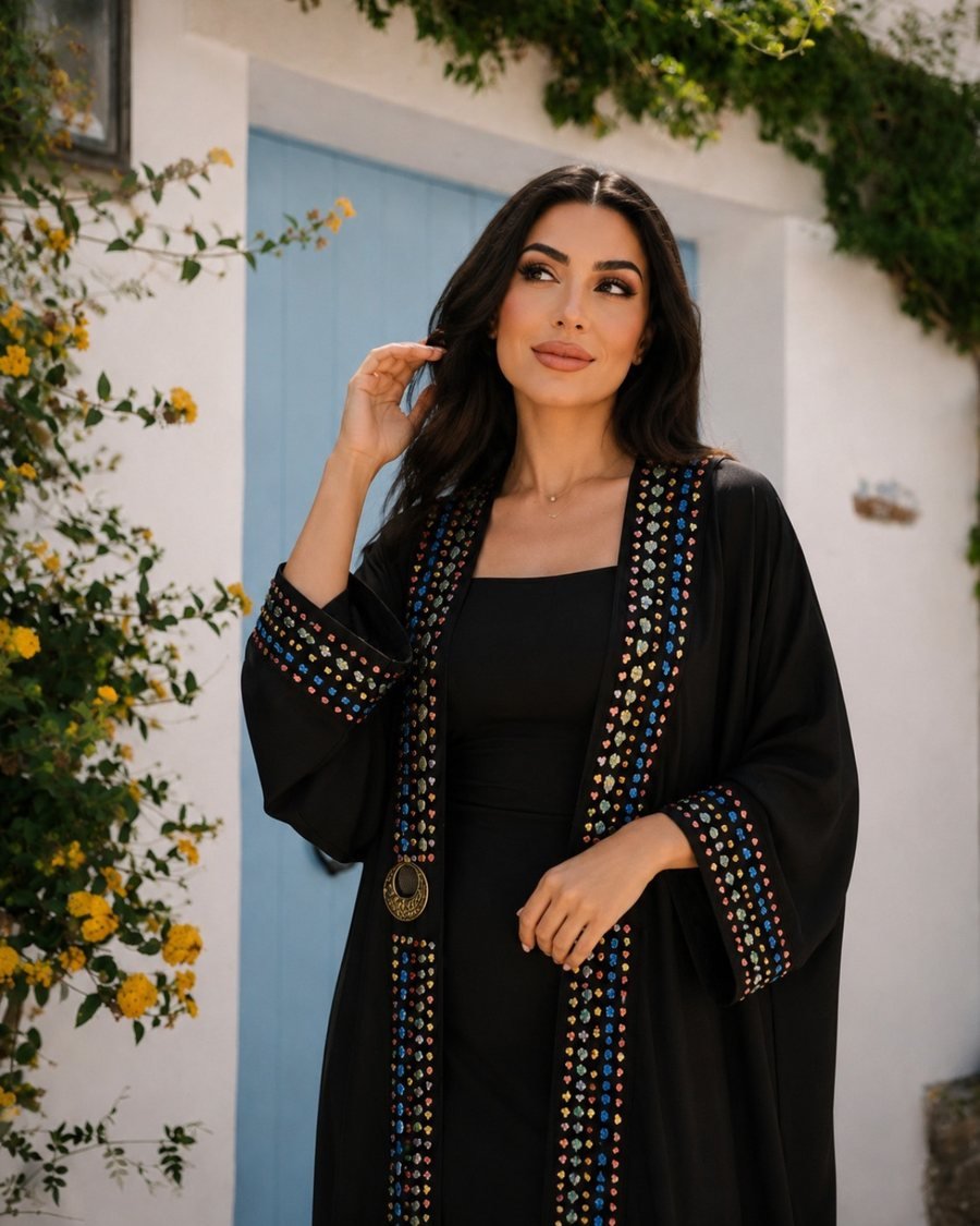 Black Cardigan Abaya with Colorful Embroidered Trim