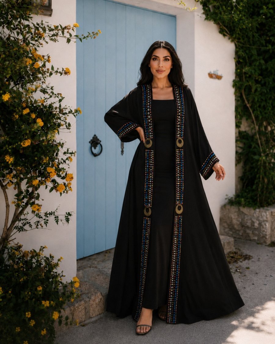 Black Cardigan Abaya with Colorful Embroidered Trim