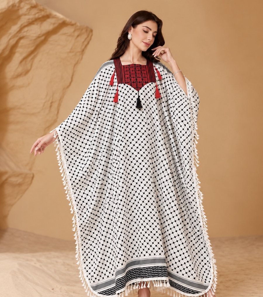 White Printed Kaftan with Red Embroidered Yoke