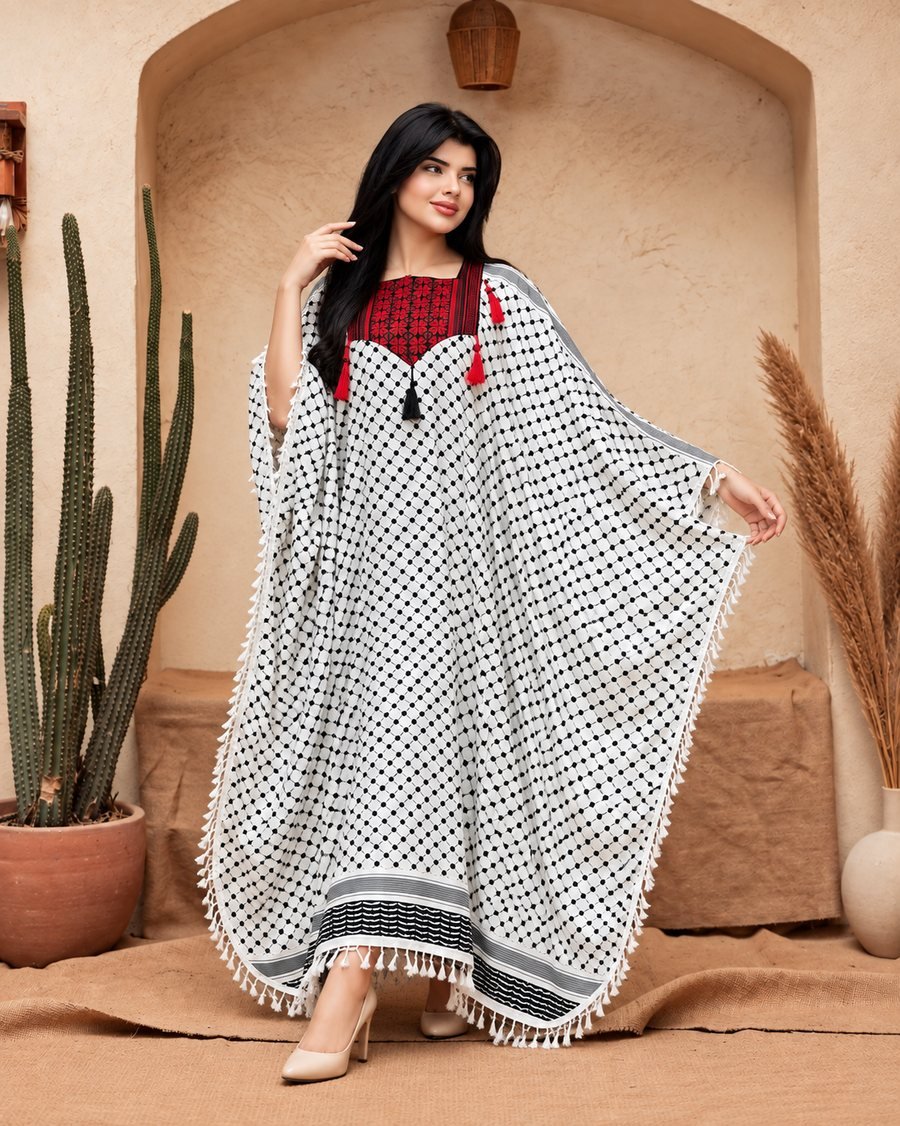White Printed Kaftan with Red Embroidered Yoke