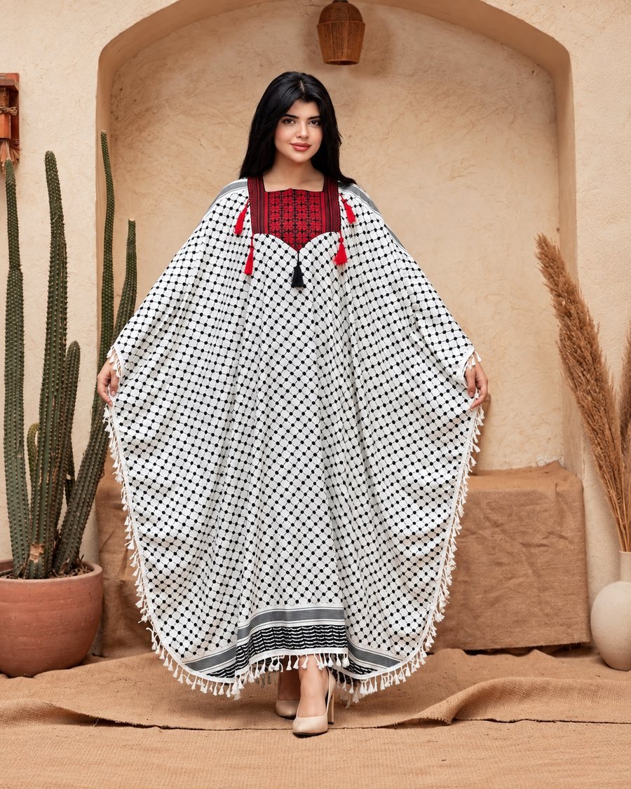 White Printed Kaftan with Red Embroidered Yoke
