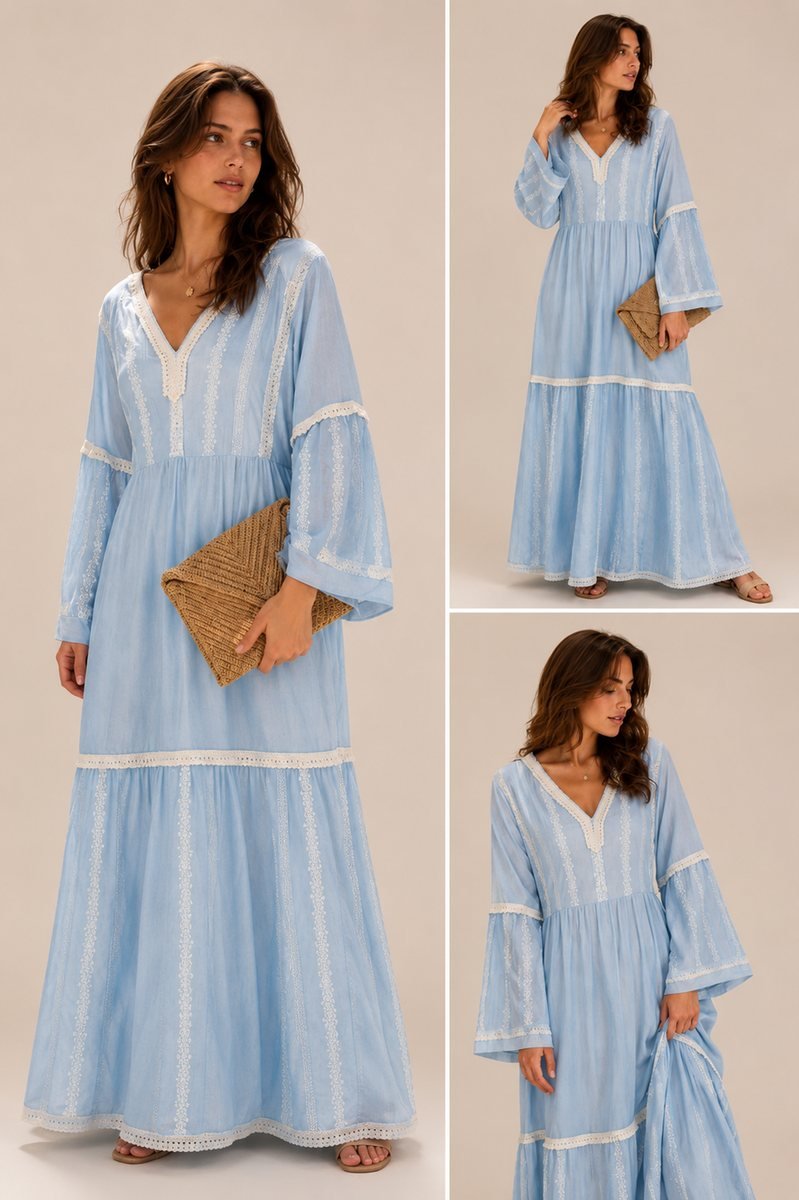 Sky Blue Maxi Dress with Wide Sleeves and Lace Trim