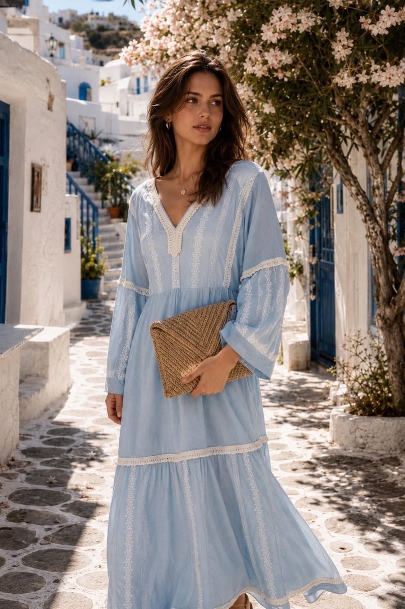 Sky Blue Maxi Dress with Wide Sleeves and Lace Trim