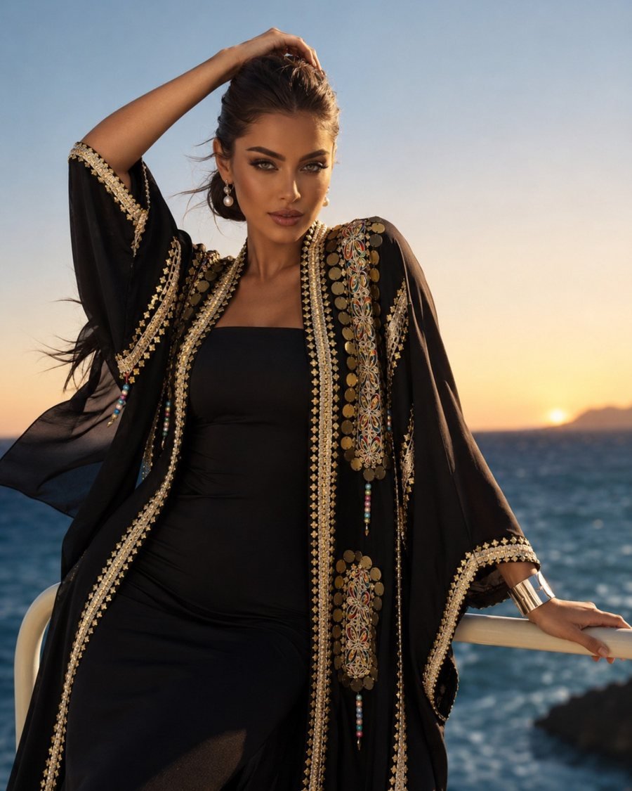 Black Cape Abaya with Gold Embroidery