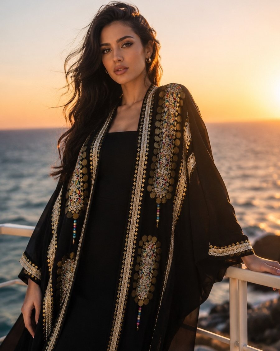 Black Cape Abaya with Gold Embroidery