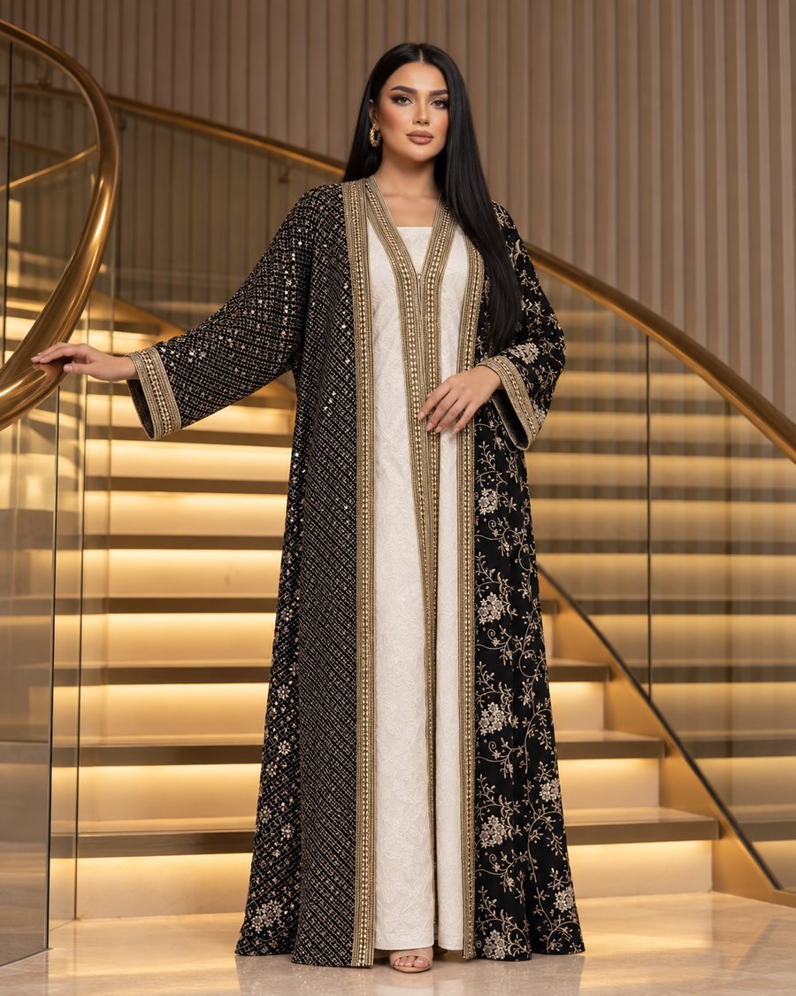 Two-Piece Moroccan Kaftan with Gold Trim