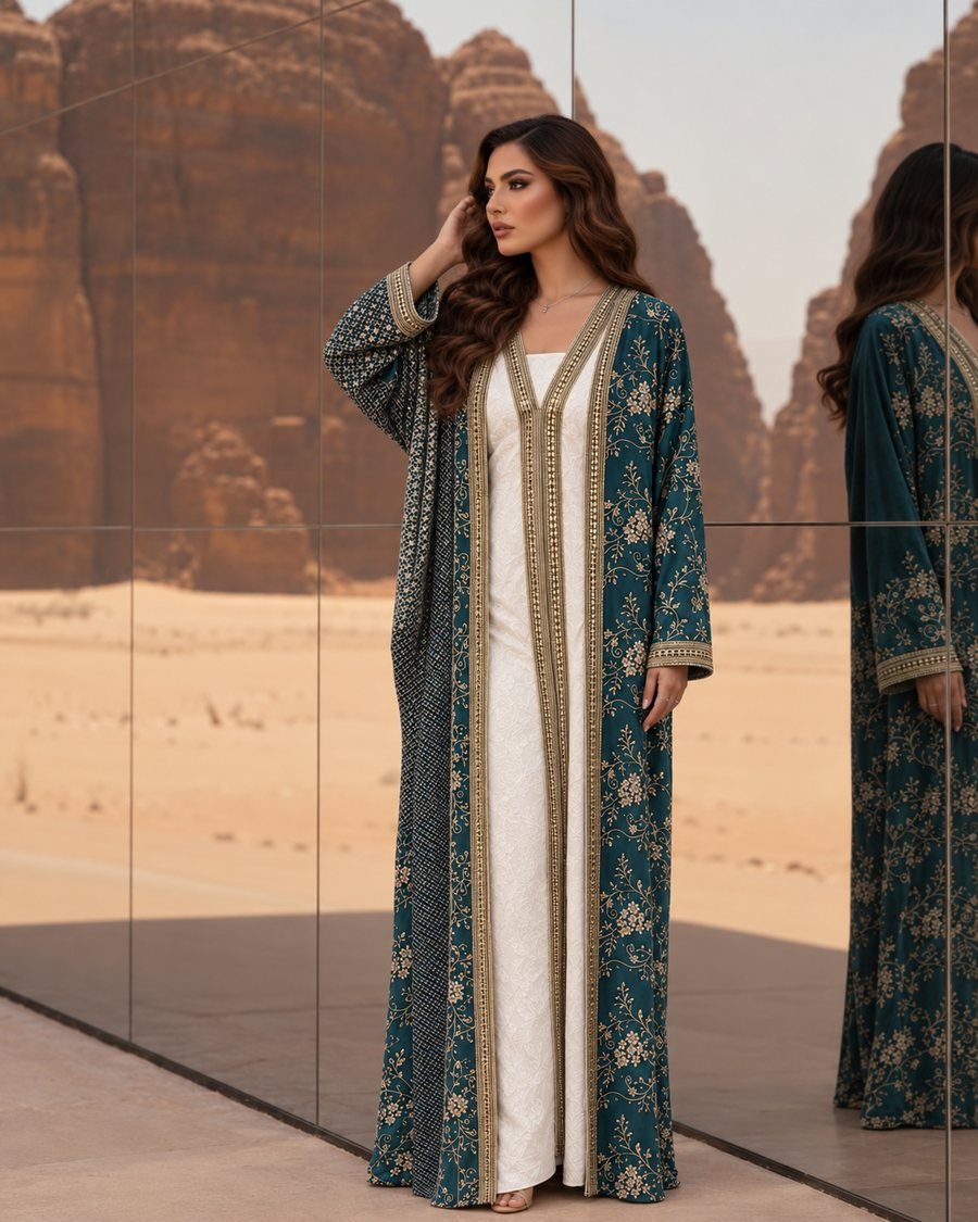 Two-Piece Moroccan Kaftan with Gold Trim