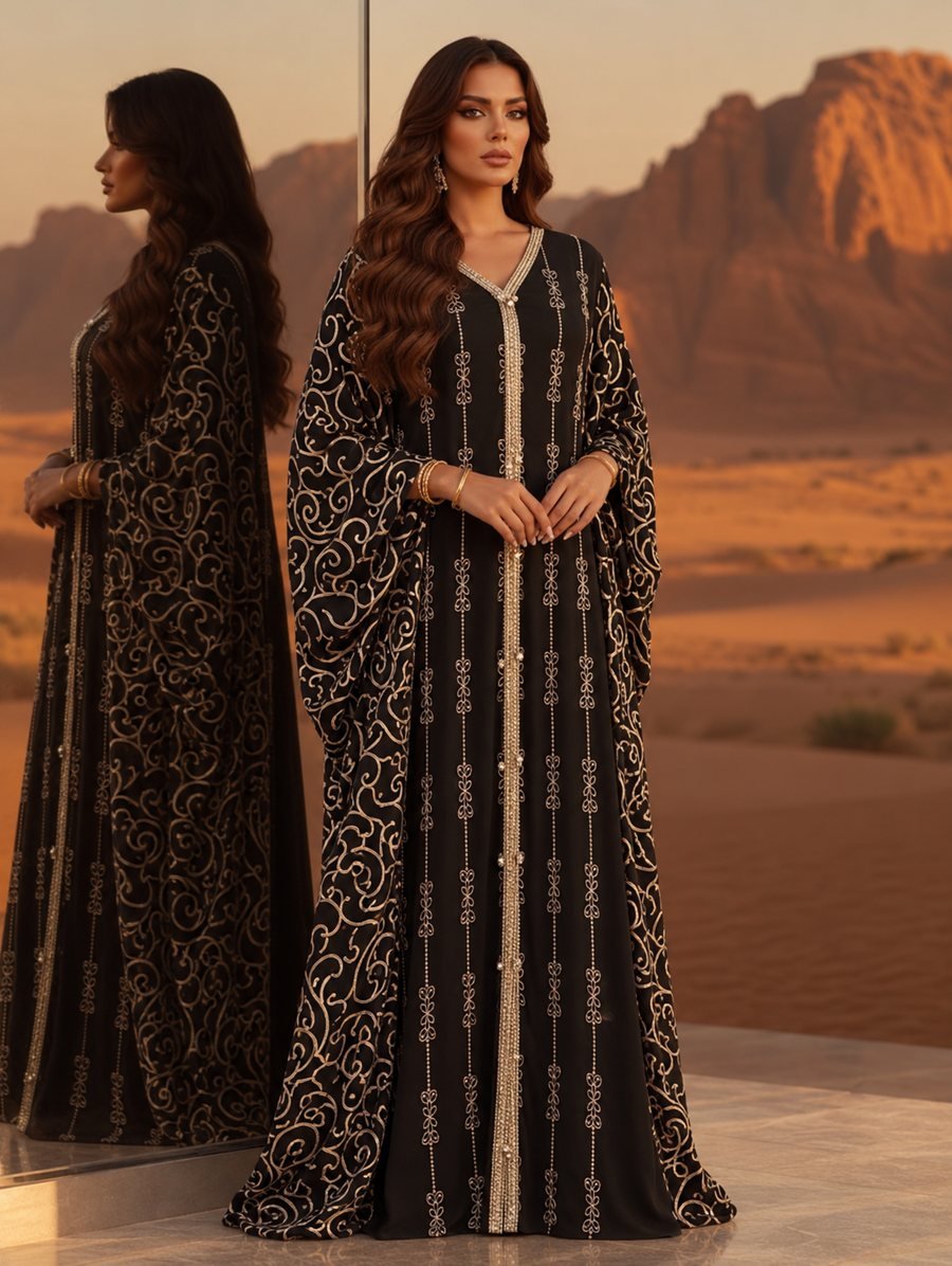 Black Kaftan with Gold Swirl Embroidery