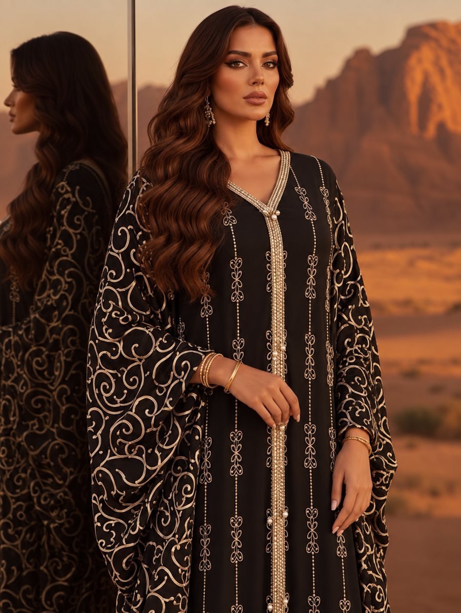 Black Kaftan with Gold Swirl Embroidery