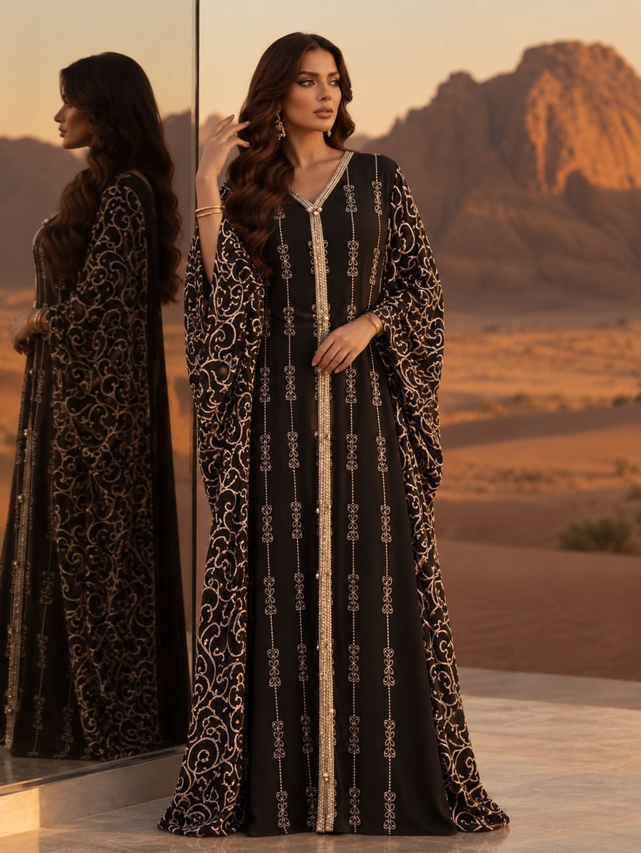 كفتان أسود بزخارف ذهبية وأزرار أمامية