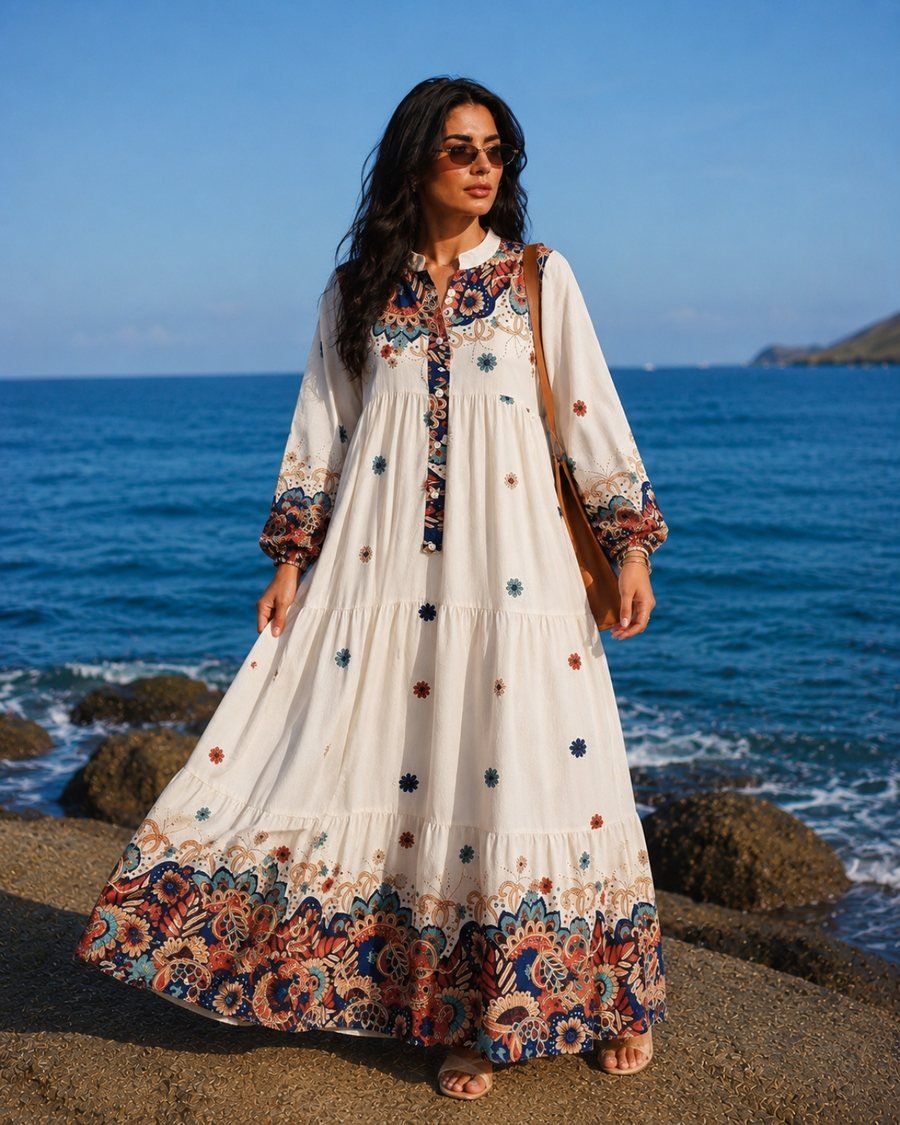 White Loose Dress with Colorful Embroidery