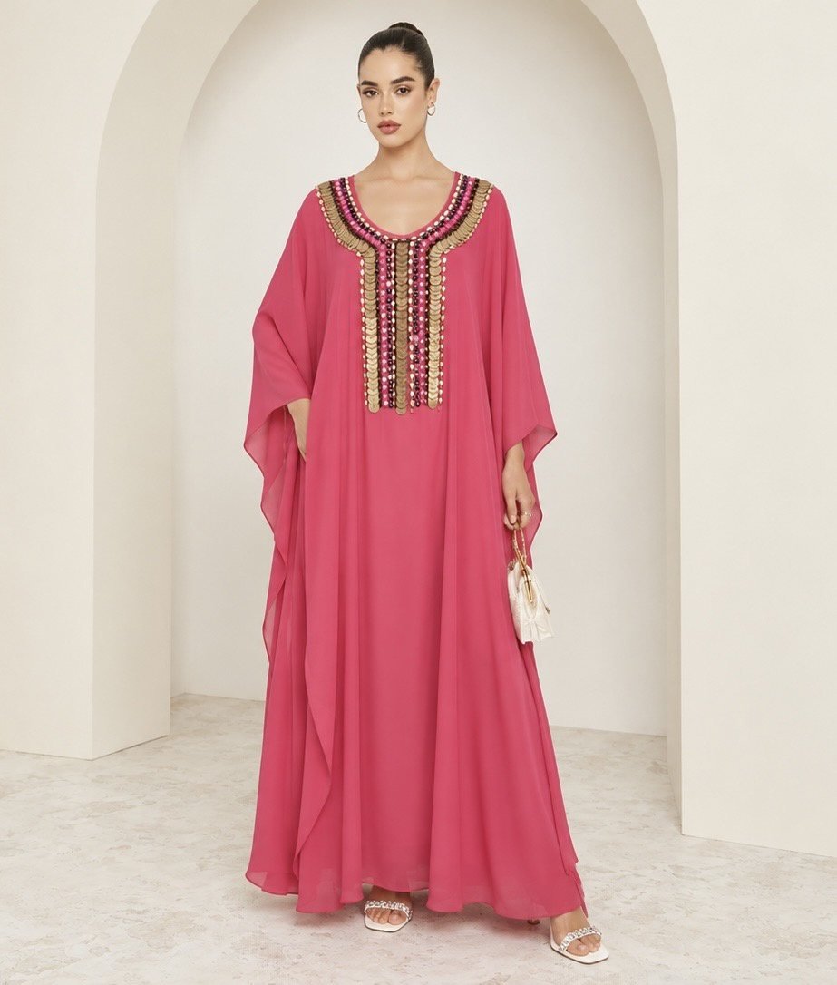 Fuchsia Kaftan with Gold Embellished Neckline