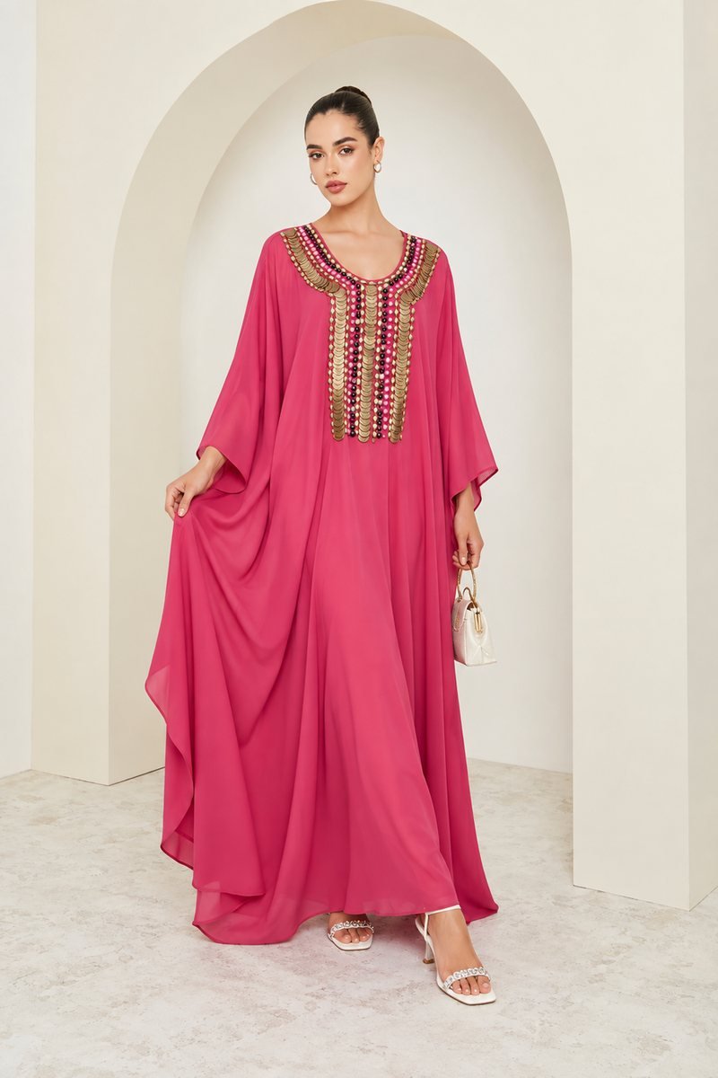 Fuchsia Kaftan with Gold Embellished Neckline
