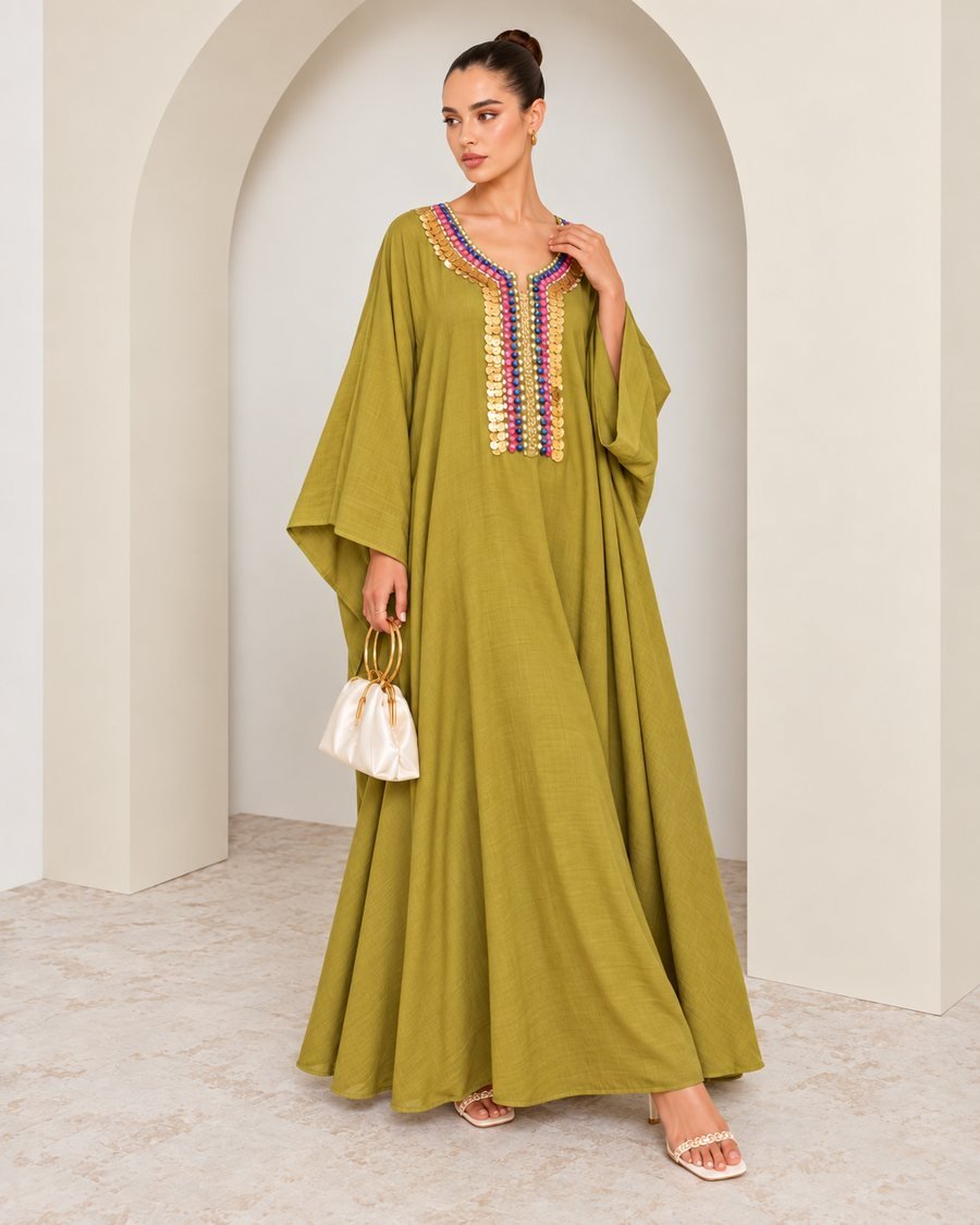 Fuchsia Kaftan with Gold Embellished Neckline