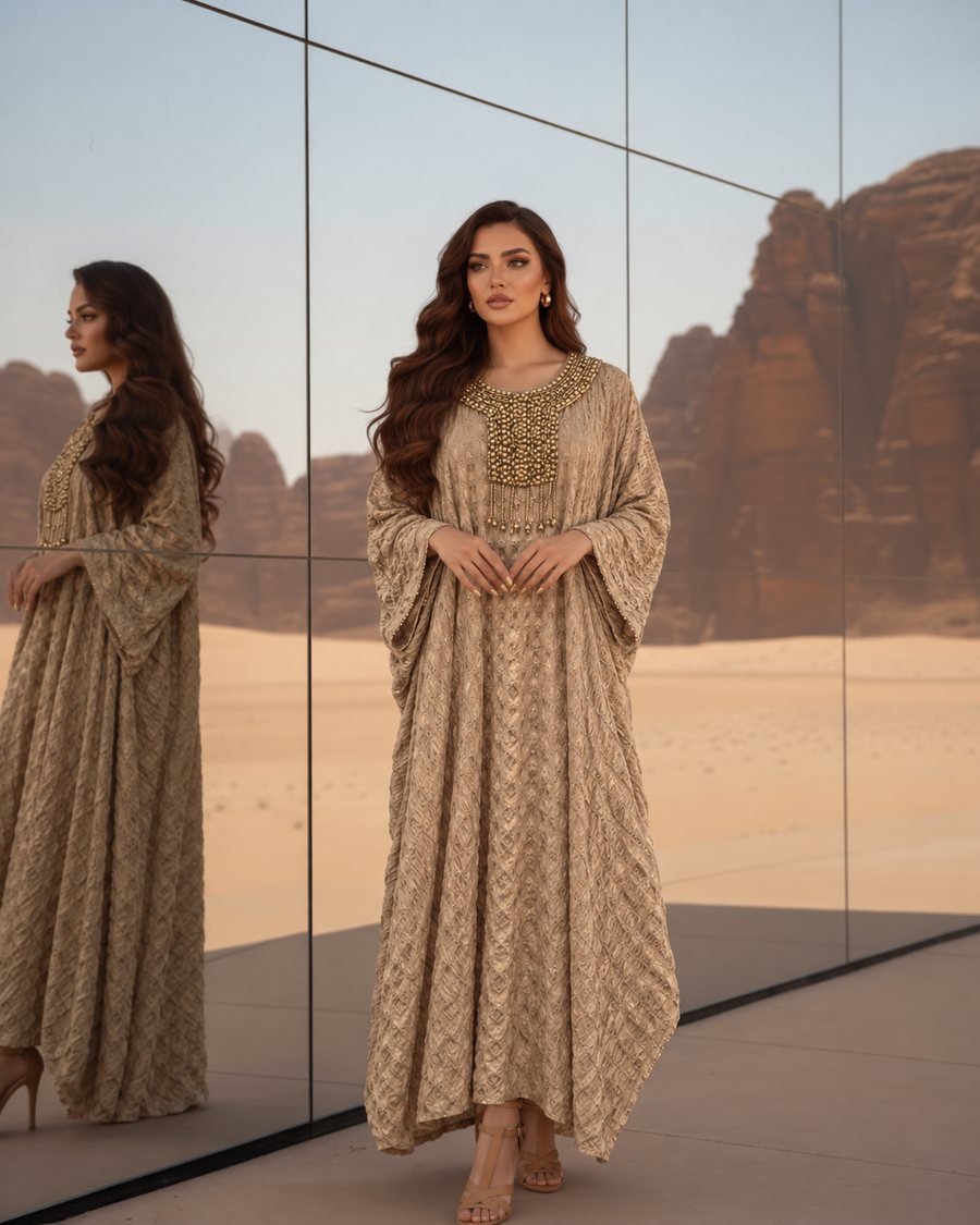 Beige Kaftan with Embellished Neckline