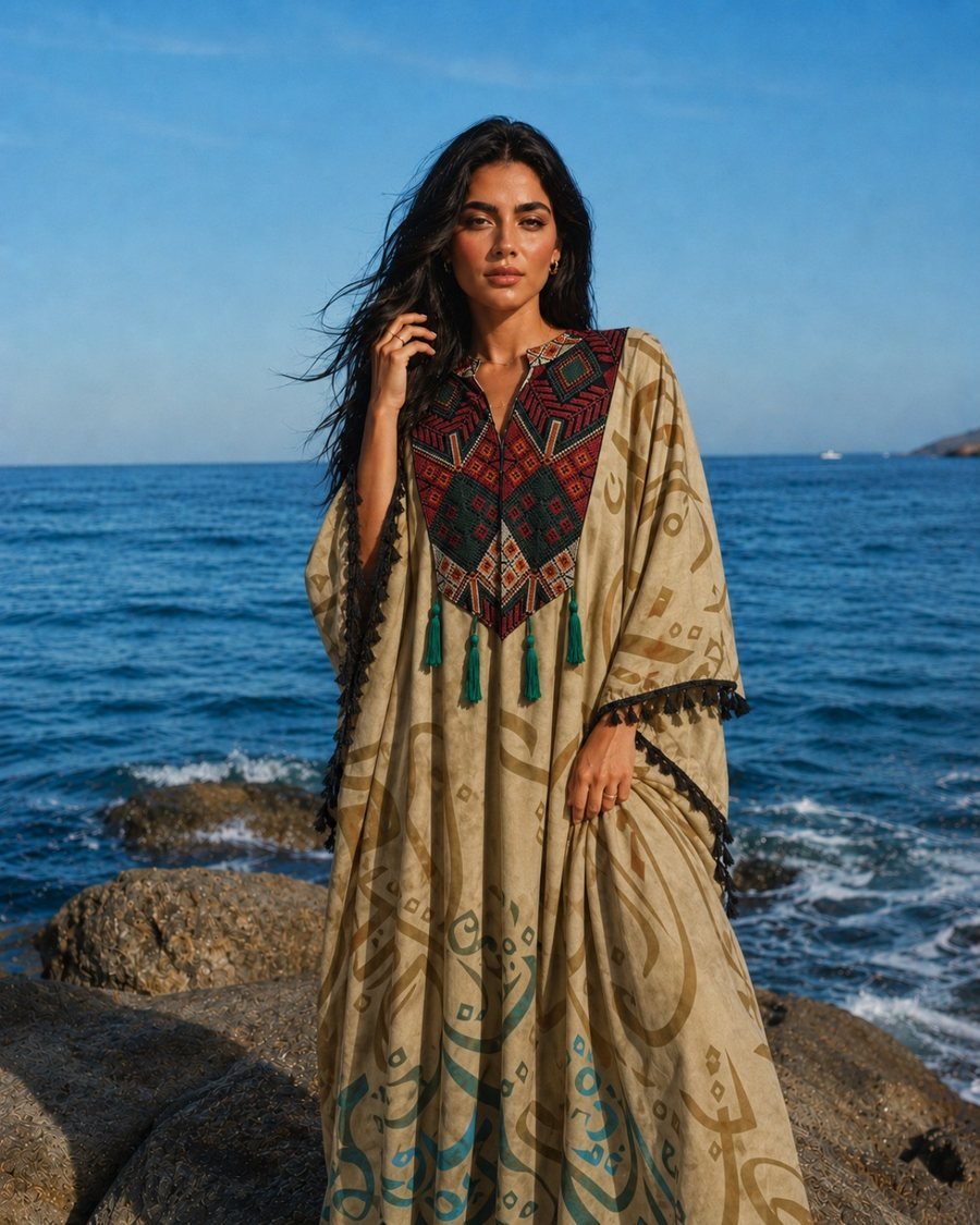 Beige Printed Kaftan with Embroidered Yoke and Tassels