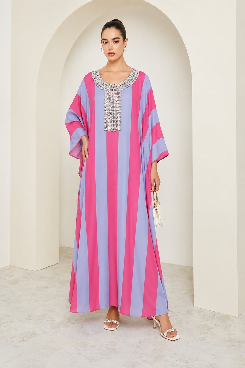Pink and Lavender Striped Kaftan with Embellished Neckline