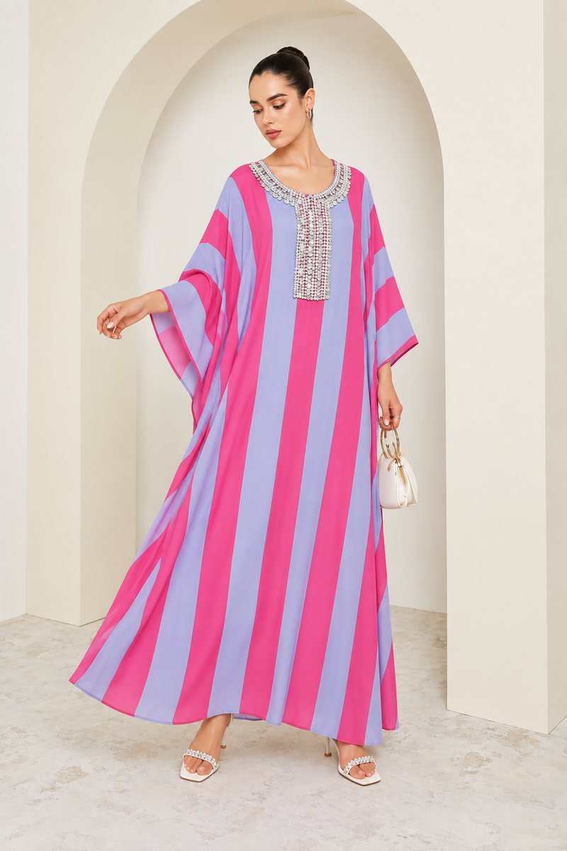 Pink and Lavender Striped Kaftan with Embellished Neckline