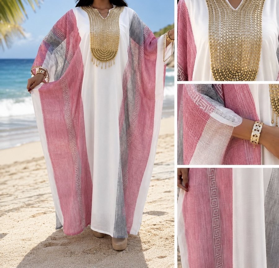 Striped Summer Kaftan with Gold Bib Neckline