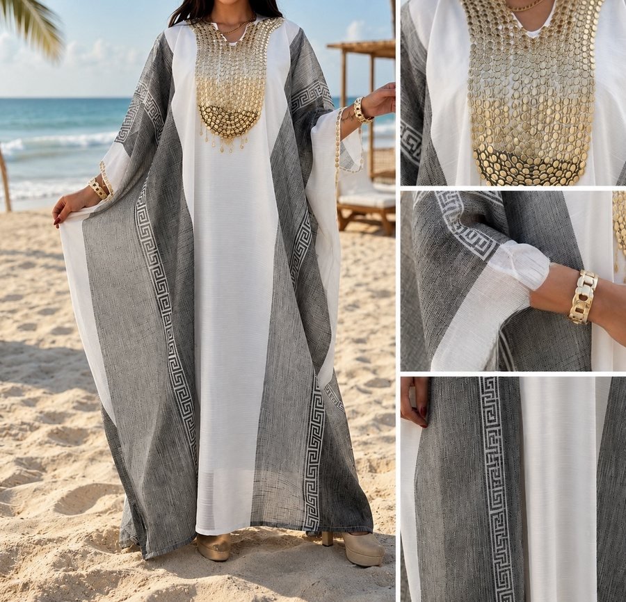 Striped Summer Kaftan with Gold Bib Neckline