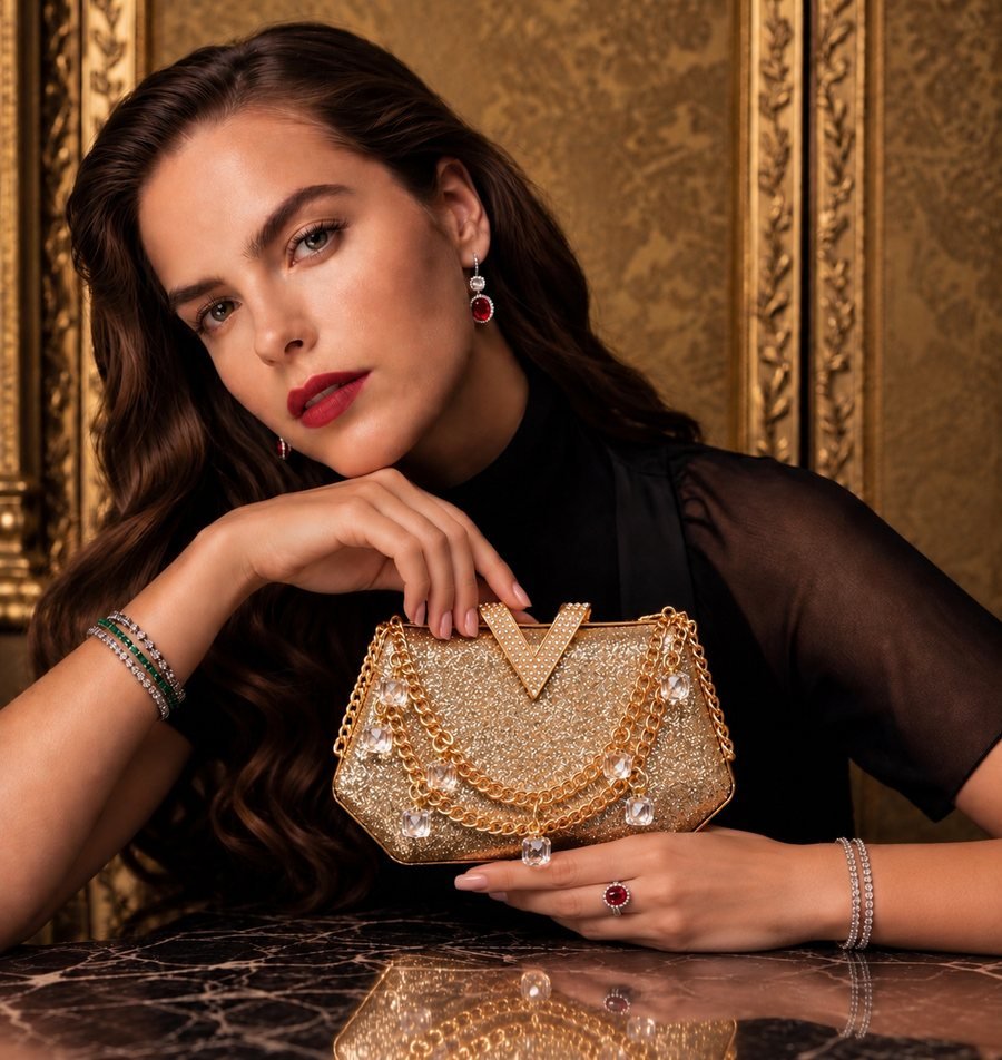 Black Sparkle Evening Clutch with Gold Chain
