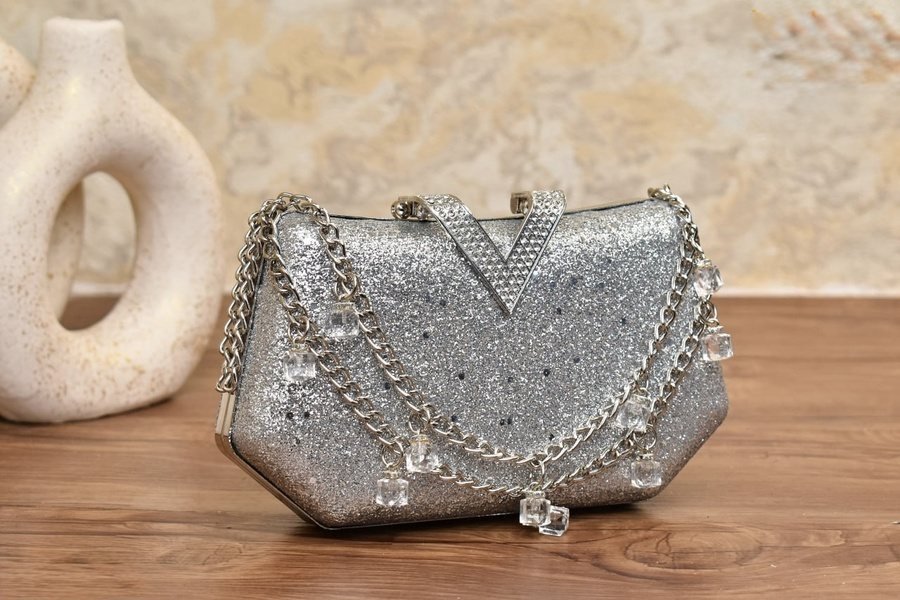 Black Sparkle Evening Clutch with Gold Chain