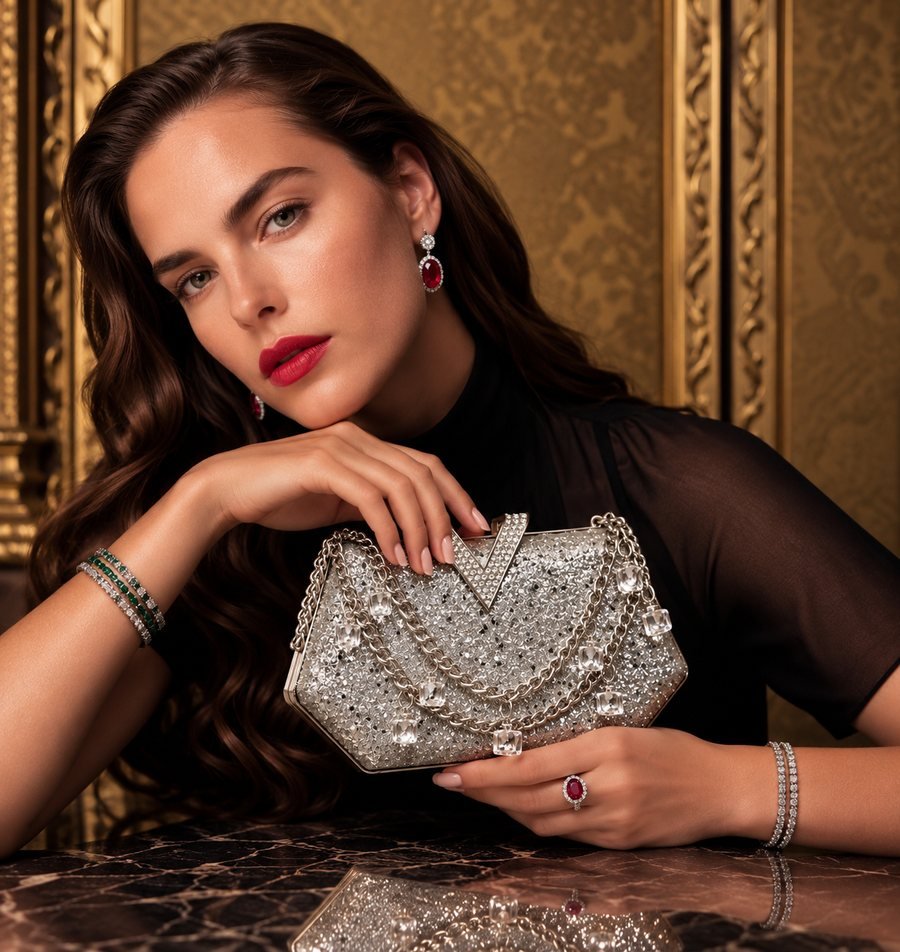 حقيبة سهرة سوداء لامعة بسلسلة ذهبية