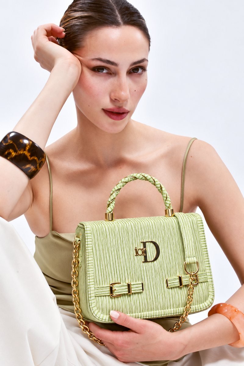 Blue Denim-Look Handbag with Gold Emblem