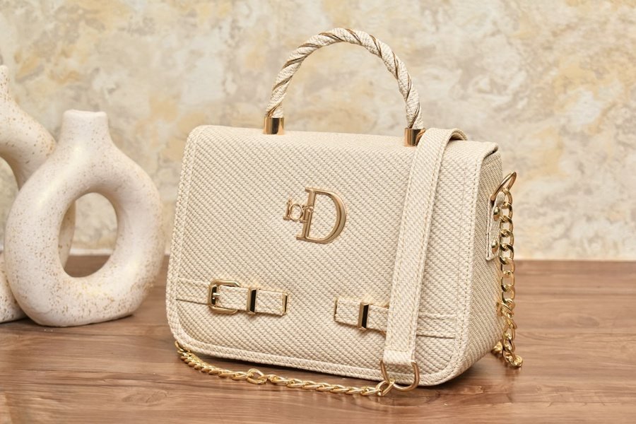 Blue Denim-Look Handbag with Gold Emblem