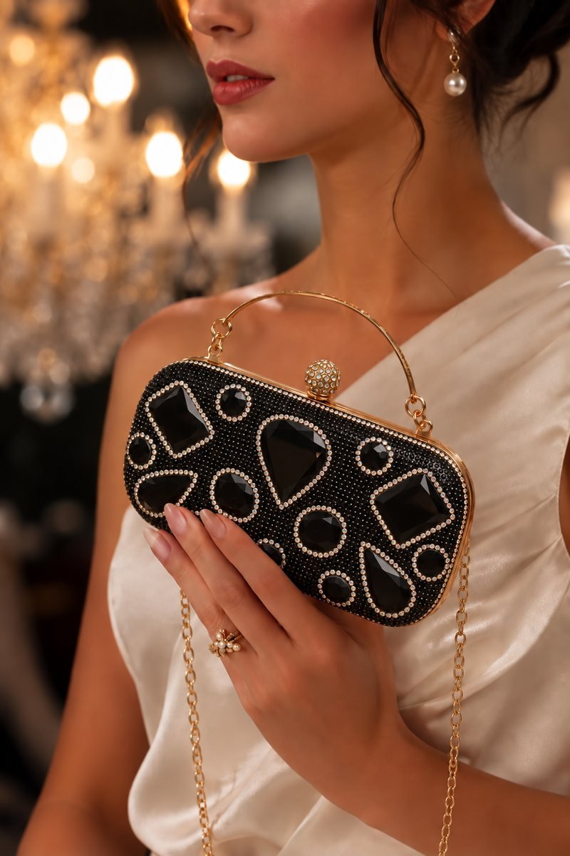 Black Clutch with Pearl Details and Gold Chain