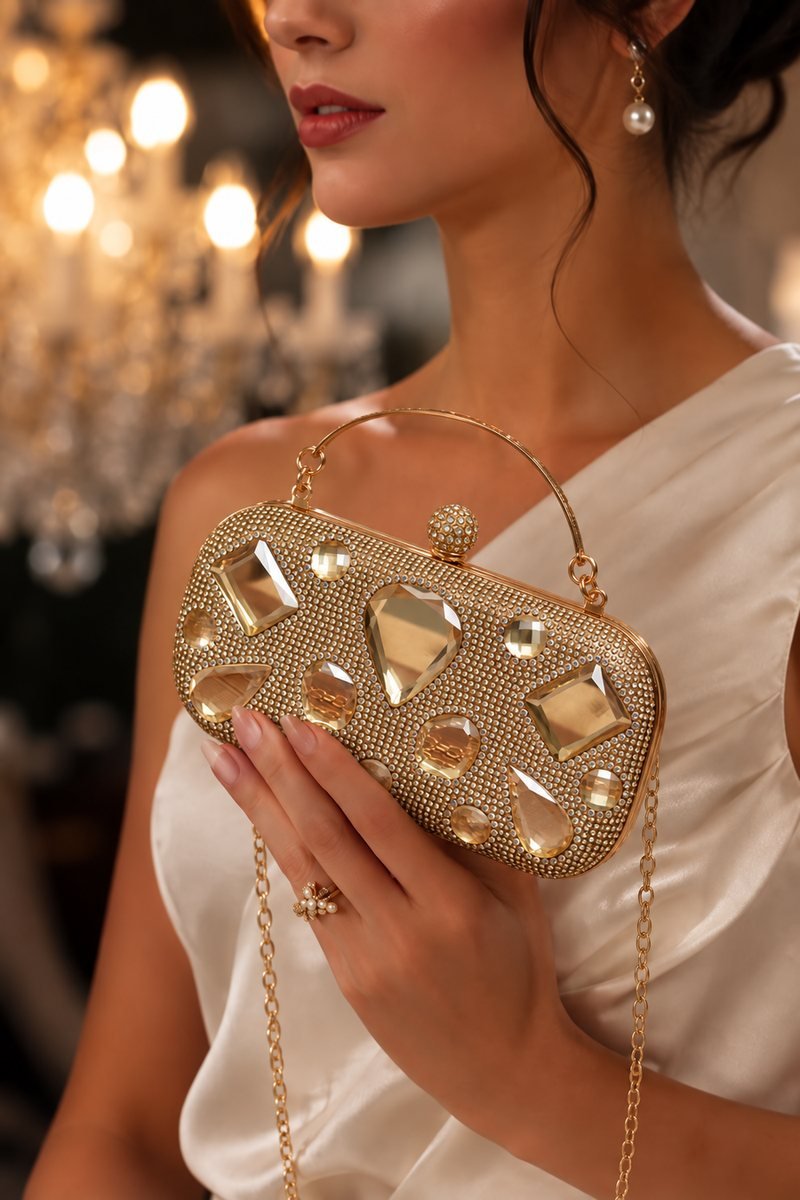 Black Clutch with Pearl Details and Gold Chain