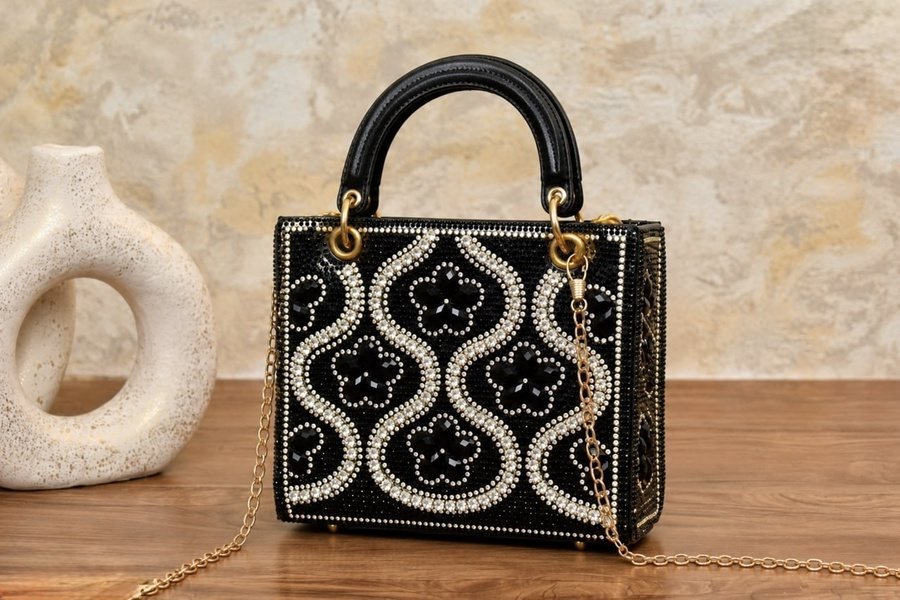 Black Handbag with Pearl Details and Gold Chain