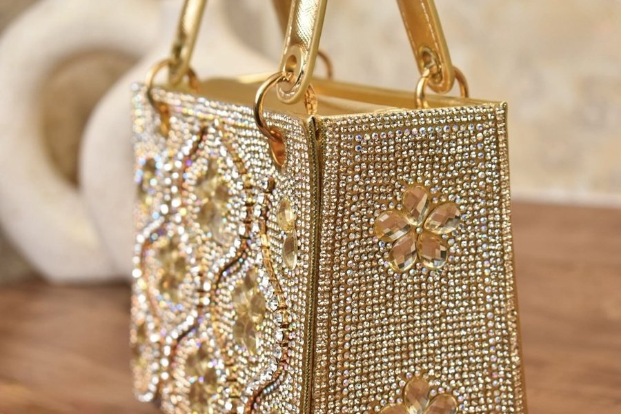 Black Handbag with Pearl Details and Gold Chain