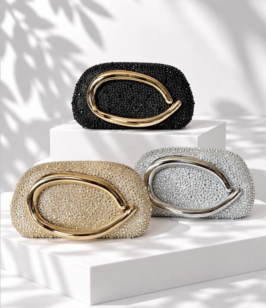Black Beaded Clutch with Large Gold Handle